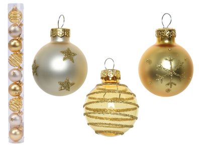 Weihnachtskugeln Glas mit Motiven 3cm 9er Set Gold / Perle Mix transparent