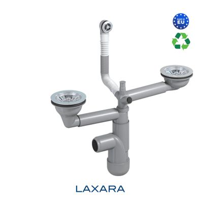 LAXARA Teleskop Siphon für platzsparende Küchenspülen - 2 Becken runder Überlauf