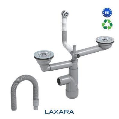 LAXARA Teleskop Siphon für platzsparende Küchenspülen - 2 Becken runder-Überlauf