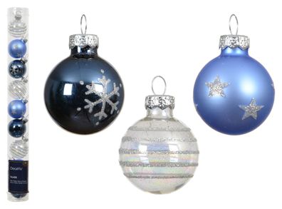 Weihnachtskugeln Glas mit Motiven 3cm 9er Set Blau / Weiß Mix