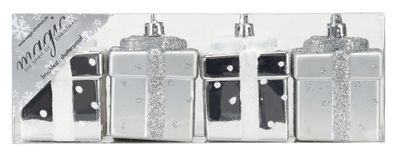 Christbaumschmuck Geschenkbox 6cm Kunststoff 4er Set - Silber