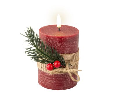 LED Kerze 7,5x13cm mit Timer Wachs Rustik Bordeaux / Warmweiß