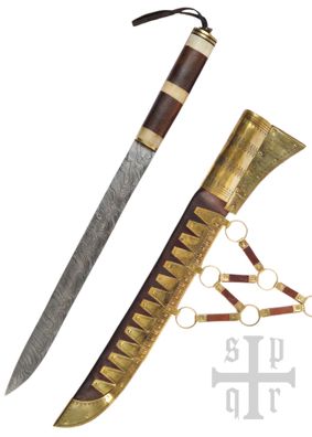 Wikinger-Saxmesser, Langsax aus Damaststahl, Holz-Knochengriff