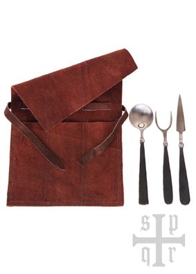 Handgeschmiedetes Mittelalter-Essbesteck, 3-teilig, inkl. Ledertasche