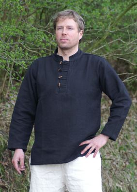 Schweres Mittelalter-Hemd mit Holzknöpfen handgewebt schwarz Gr. XXXL