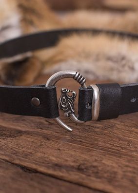 Ledergürtel, Schwarz mit Wolfskopf, Schnalle silberfarben