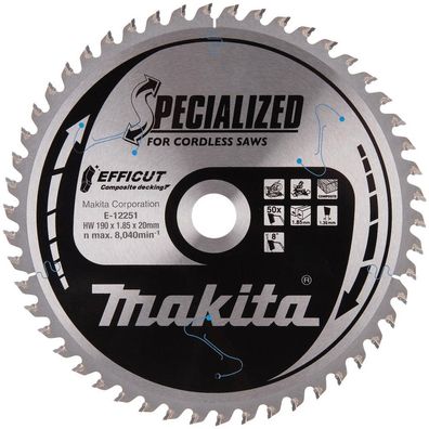 Makita Sägeblatt Säge Sägen WPC Holz 190x1,85x20 Z50 Efficut E-12251
