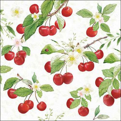 Servietten Papier 33x33cm 3-lag mit Kirschmotiv Blüten & Blätter 20 Stk
