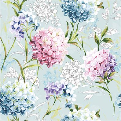 Servietten Papier 33x33cm 3-lagig mit Hortensien Blumen Motiv 20 Stück