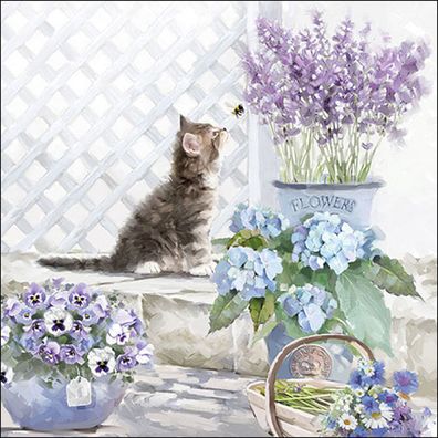 Servietten Papier 33x33cm 3-lagig mit Katze & Blumen Motiv 20 Stück