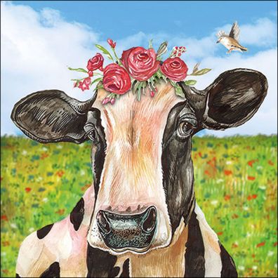 Servietten Papier 33x33cm 3-lag mit Kuh auf Sommerwiese Motiv 20 Stück