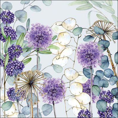 Servietten Papier 33x33cm 3-lagig mit Blumen & Eukalyptus Motiv 20 Stk