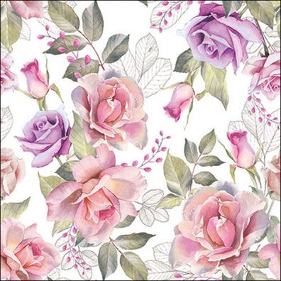 Servietten Papier 33x33cm 3-lagig mit Aquarellrosen Motiv 20 Stück