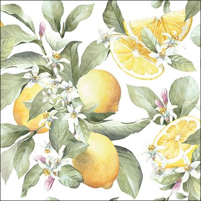 Servietten Papier 33x33cm 3-lag mit Zitronen & Blüten Motiv 20 Stück