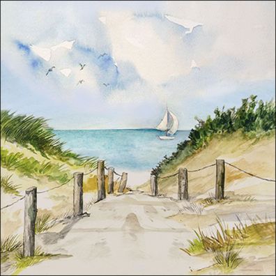 Servietten 33x33cm 3-lag. mit Dünenweg & Meer Aquarell Motiv 20 Stück