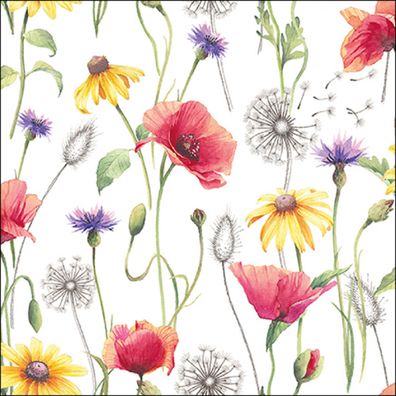 Servietten Papier 33x33cm 3-lag. mit Sommerblumen Motiv 20 Stück