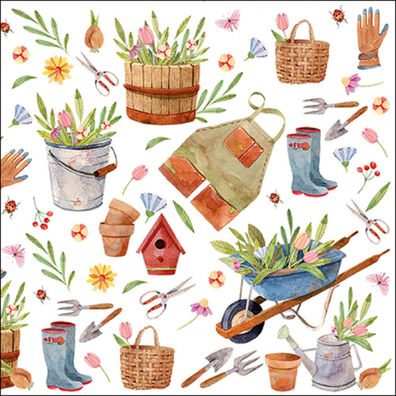 Servietten Papier 33x33cm 3-lag mit Gartengeräten & Blumen Motiv 20 Stk