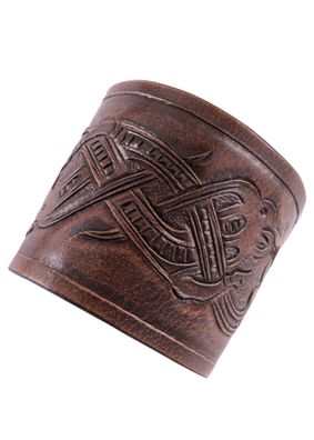 Armschützer aus Leder mit geprägtem Drachenmotiv, Jelling-Stil, dunkelbraun