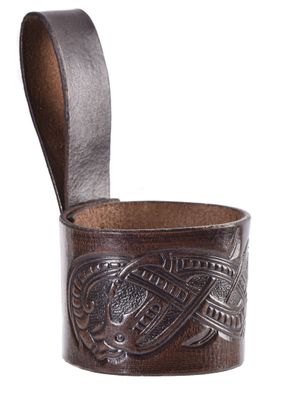 Leder Hornhalter für Trinkhorn, geprägter Drache, Jelling-Stil, dunkelbraun