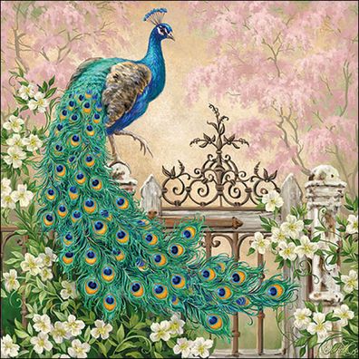 Servietten Papier 33x33cm 3-lagig mit Vintage Pfau Motiv 20 Stück