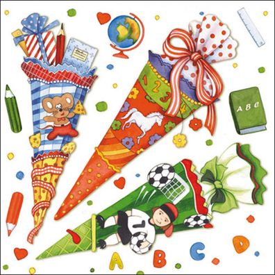 Servietten Papier 33x33cm 3-lagig mit buntem Schultüten Motiv 20 Stk