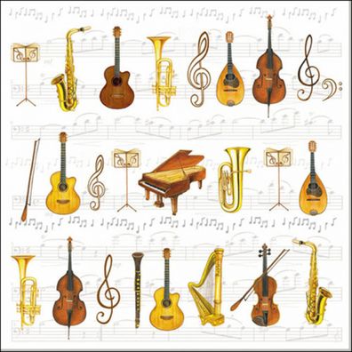 Servietten Papier 33x33cm 3-lagig mit Musikinstrumente Motiv 20 Stk