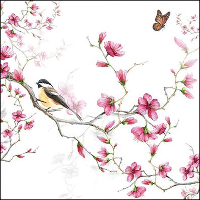 Servietten Papier 33x33cm 3-lag mit Vogel & Kirschblüten Motiv 20 Stk
