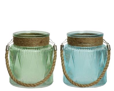 Windlicht Glas mit Henkel gerillt 13x15cm grün / blau 2er Set