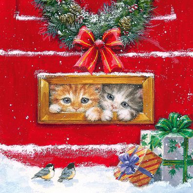 Servietten Papier 33x33cm Katzen an der Tür Motiv 20 Stück Rot / Bunt