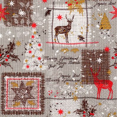 Servietten Papier 33x33cm Patchwork Hirsch Motiv 20 Stück Taupe