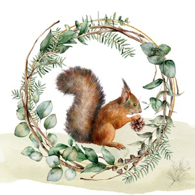 Servietten Papier 33x33cm mit Eichhörnchen Motiv 20 Stück Weiß / Grün