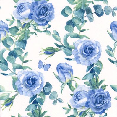 Servietten Papier 33x33cm 3-lag. mit Rosenmotiv 20 Stück Blau / Weiß
