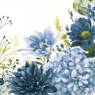 Servietten Papier 33x33cm 3-lag. mit Chrysanthemen 20 Stück Blau Weiß
