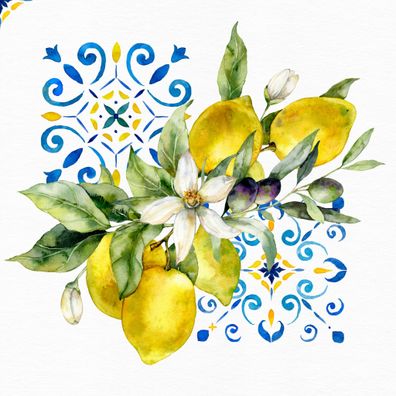 Servietten Papier 33x33cm 3-lag. mit Zitronen 20 Stück Gelb Blau Weiß