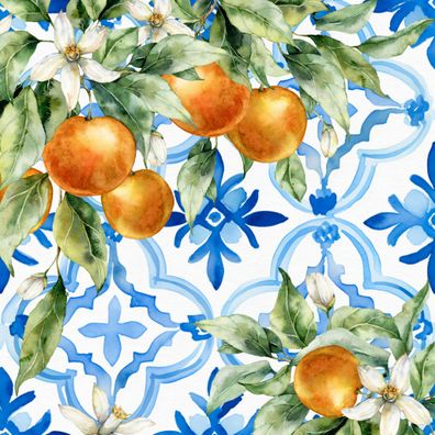 Servietten Papier 33x33cm 3-lag. mit Orangen 20 Stück Orange Blau Weiß