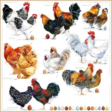 Servietten Papier 33x33cm 3-lagig Hahn und Henne 20 Stück Weiß / Braun