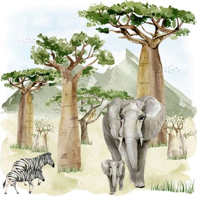 Servietten Papier 33x33cm 3-lagig Elefanten und Zebras 20 Stück