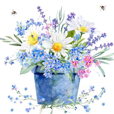Servietten Papier 33x33cm 3-lagig Wiesenblumen im Blumentopf 20 Stück