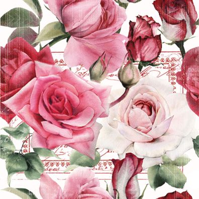 Servietten Papier 33x33cm 3-lag Rosen & Briefmarke 20 Stück Rosa / Rot