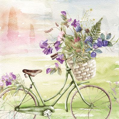 Servietten Papier 33x33cm 3-lagig Fahrrad mit Blumenkorb 20 Stück Grün