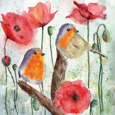 Servietten Papier 33x33cm 3-lagig Rotkehlchen und Mohnblumen 20 Stück