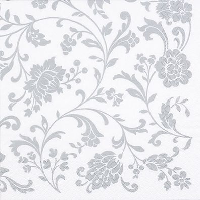Servietten Papier 33x33cm 3-lagig Arabeske 20 Stück Weiß / Silber