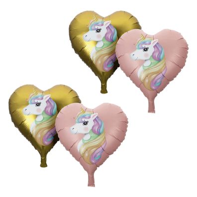 Folienballon Herz mit Einhorn Motiv 25cm 4er Set Rosa / Gold