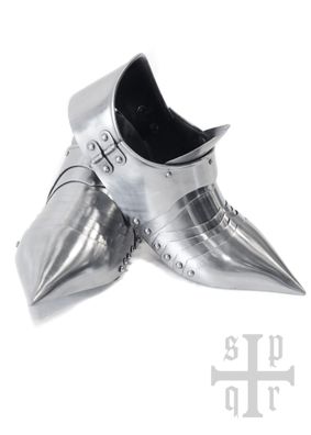 Spitze Mittelalterliche Sabatons, Panzerschuhe, 14. Jh., 1,5 mm Stahl, Paar