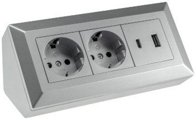 Steckdosenblock 2-Fach, USB-A, USB-C PD, Silber Grau