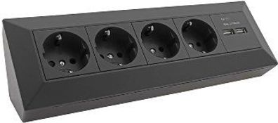 4-fach Steckdosenblock + 2x USB, schwarz, Aufbaumontage