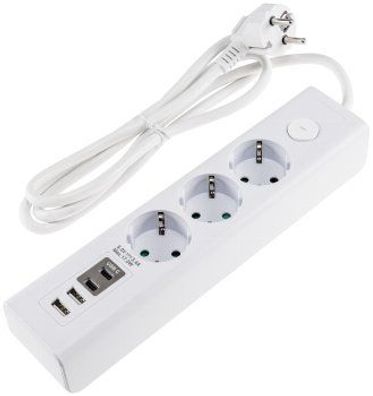 Steckdosenleiste mit Ladebuchsen für USB, 3-fach, weiß, 1,5m Kabel
