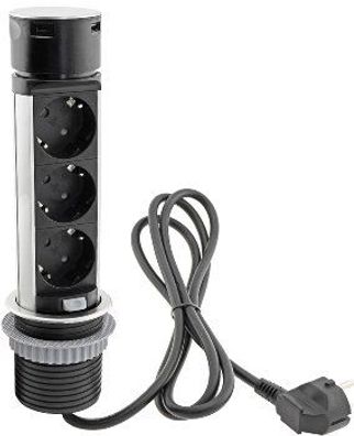 Schreibtisch-Einbausteckdose, Edelstahl, 2x Steckdosen, USB A+C