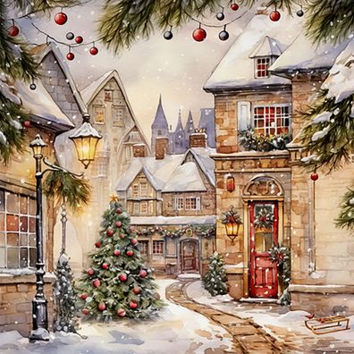 Servietten Papier 33x33cm Weihnachtsdorf 20 Stück Braun / Weiß / Rot