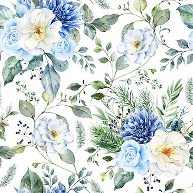Servietten Papier 33x33cm Winterblumen 20 Stück Weiß / Blau / Grün